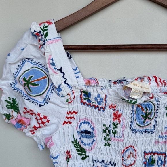 Monteau Italy Linen Blend Smocked Puff Sleeve Crop Top S - Picture 6 of 7